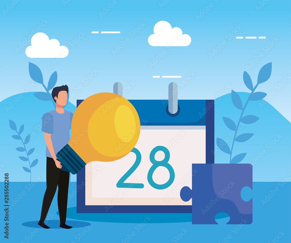 Poster man with bulb idea and calendar with puzzle