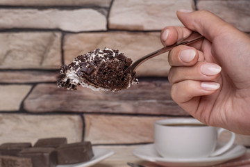 Chocolate sponge cake with white cream and chocolate chips. Female hand holding a piece on a fork