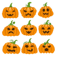 Cartoon halloween pumpkin. Orange pumpkins with carving scary smiling cute glowing faces. Decoration gourd vegetable or holiday spooky happy face, october nature vector isolated icon set