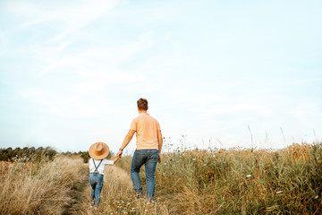 Father and young son walking keeping hands together on the field during the summer activity, back view
