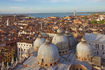 Fototapeta premium Venice, Saint Mark Cathedral church (San Marco) cupolas, panoramic landscape, Italy.