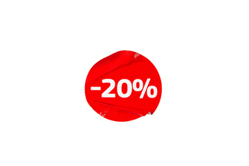 Round crumpled red sticker discount on a white background is isolated.