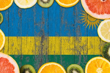 Rwanda food concept. Fresh fruits from traditional gardens. Cooking concept on wooden flag...