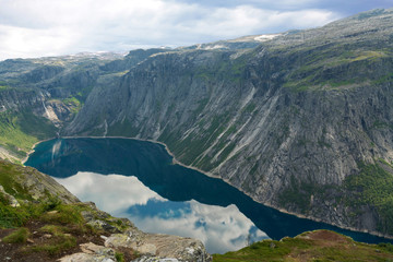 Mountain lake Ringedalsvatnet landscape, Norway. Way to Trolltunga