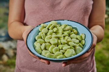 A woman in a pink blouse holds broad beans in a blue bowl