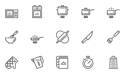 Cooking vector line icons. Kitchen utensils, chef knife, cooking book, roasting, fry. Editable Stroke. 48x48 Pixel Perfect.