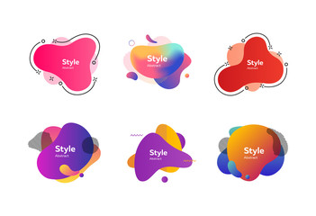 Set of bright colorful abstract graphic elements. Dynamical colored forms and dots. Gradient banners with flowing liquid shapes. Template for design of logo, flyer or presentation. Vector illustration