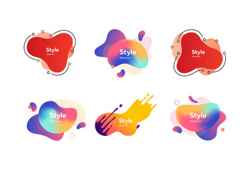 Set of colored liquid shape with splashes. Dynamical colored forms. Gradient banners with flowing liquid shapes. Template for design of logo, flyer or presentation. Vector illustration