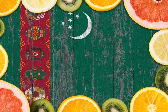 Turkmenistan Food Concept. Fresh Fruits From Traditional Gardens. Cooking Concept On Wooden Flag Background.