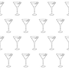 Cosmopolitan Cocktail in a glass with orange pile decoration. Seamless pattern of cocktails. Monochrome sketch, hand drawing. Outline, doodle. Vector illustration. EPS10