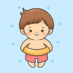 Cute boy in swim wear with life ring cartoon hand drawn style