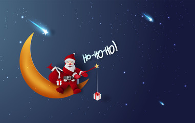 Merry Christmas and Happy new year of Santa claus fishing rod Hold gift box.Half moon and star with Mystical Night sky fantasy background.Moonlight at night sweet dream.paper cut and craft.VECTOR