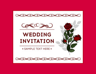 Greeting card with bouquet of three red roses. Rose wedding invitation.