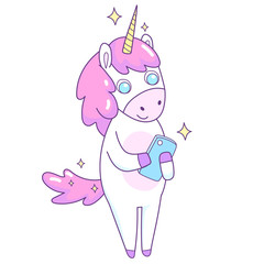 Cute unicorn with a smartphone. Vector illustration. Isolated. Hand drawn