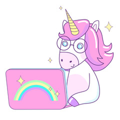 Cute unicorn with a laptop. Vector illustration. Isolated. Hand drawn