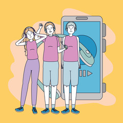 group of people listen music with smartphone
