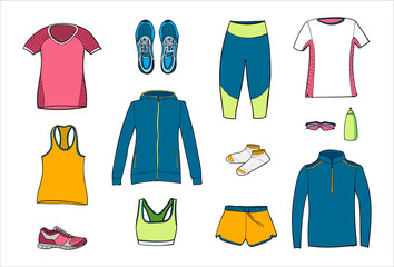 Running clothes set of hand drawn illustrations. Colorful doodle style. Vector