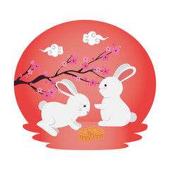 rabbits group witth tree branch floral scene