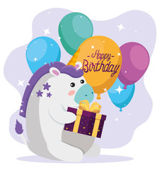 cute unicorn animal with present gift and balloons