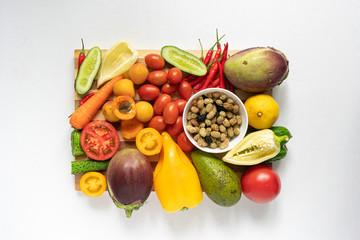 top view of fresh farmer selection of organic raw food harvest for new seasons