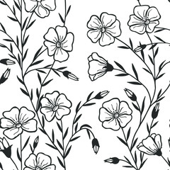 Seamless pattern, eps10 vector illustration. Flax flowers. hand drawing