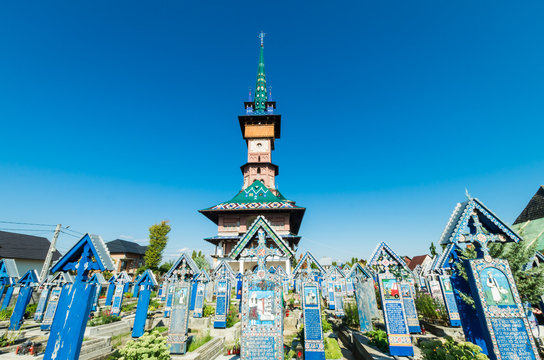 Sapanta, Maramures, Romania - August 17 2019: View of merry cemetery in Sapanta