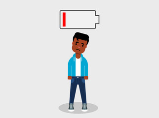 Tired young African American man standing below the low battery symbol. Low energy concept. Exhausted, burnout at work. Stressed, emotionally drained concept. Vector illustration, flat. 