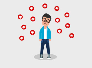 Sad young man surrounded by the thumbs down signs. Dislikes on the internet and social networks. Vector illustration, flat style, clip art.