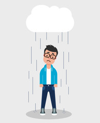 Young man in jeans and sneakers standing in the rain. Bad day concept. Sad boy looking disappointed. Unhappy teenager under a rainy cloud. Vector illustration, flat style, clip art.