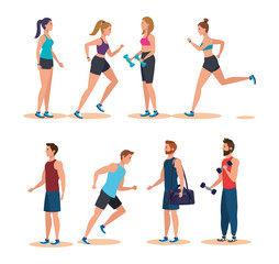 set of fitness women and men practice sport