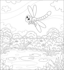 Funny dragonfly flying over a meadow with flowers and a small pond on a pretty summer day, black and white vector illustration in a cartoon style for a coloring book