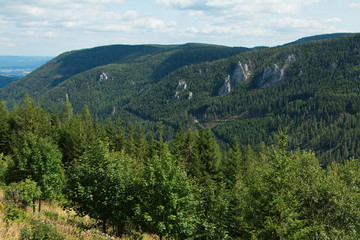 Fototapeta na wymiar Mountain panorama from the cogwheel railway on the Schneeberg in Lower Austria, Europe