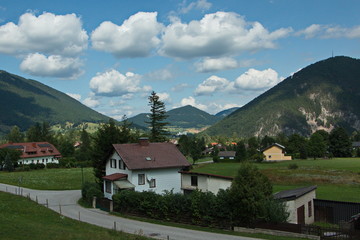 Fototapeta na wymiar View of Puchberg am Schneeberg from the cogwheel railway on the Schneeberg in Lower Austria, Europe