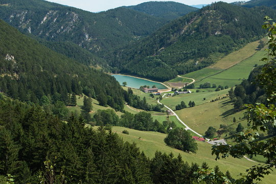 View of Marias Landsee from the cogwheel railway on the Schneeberg in Lower Austria, Europe