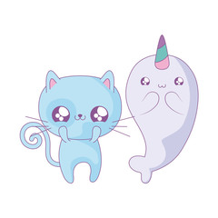 cute narwhal with cat baby animals kawaii style