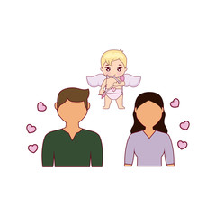 young couple lovely with cupid and hearts