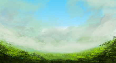 Green grasses meadow with clouds and blue sky background digital painting game art illustration 