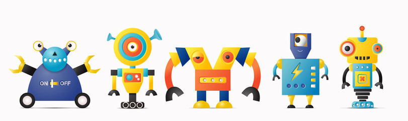Set of cute vector robot or monster characters for kids. Vintage futuristic cyborgs