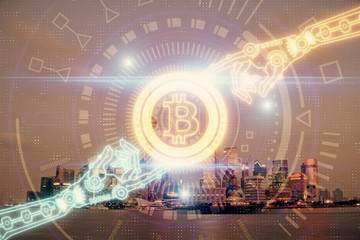 Multi exposure of cryptocurrency theme hologram drawing and city veiw background. Concept of...