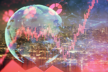Double exposure of business theme hologram drawing and city veiw background. Concept of success.