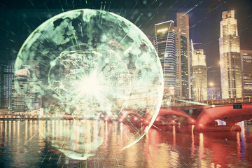 Double exposure of business theme hologram drawing and city veiw background. Concept of success.