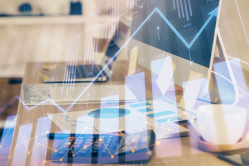 Multi exposure of forex chart and work space with computer. Concept of international online trading.