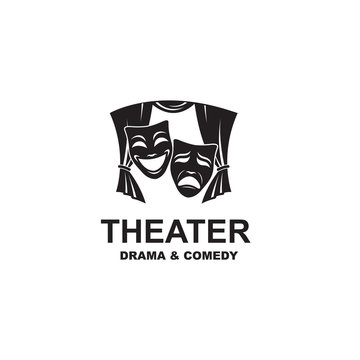 icon of comedy and tragedy theatrical masks on scene with curtains isolated on white background