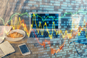 Multi exposure of chart and financial info and work space with computer background. Concept of international online trading.