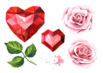 Love and romance. Rose flowers and ruby crystal heart set. Wedding concept. Watercolor hand drawn illustration, isolated on white background