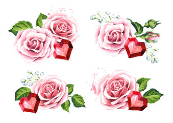 Love and romance. Rose flowers and ruby crystal heart. Wedding concept set. Watercolor hand drawn illustration, isolated on white background