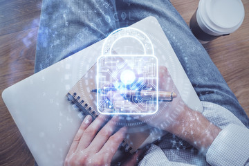 Man hands writing. With double exposure drawings.