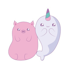 cute narwhal with piggy baby animals kawaii style