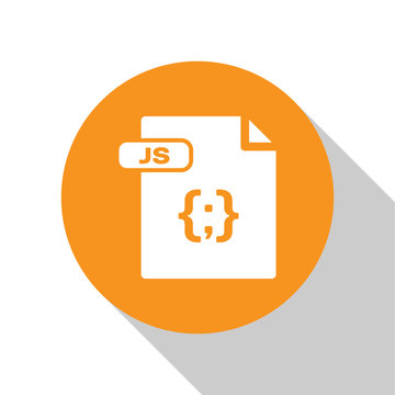 White JS file document. Download js button icon isolated on white background. JS file symbol. Orange circle button. Vector Illustration