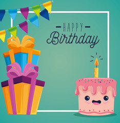 happy sweet cake with candle and presents gifts